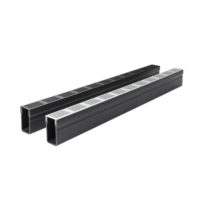 1m Aco Threshold Drain With Black Aluminium Grating / Plastic Casing 60mm x 100mm